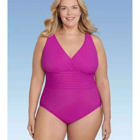 NWT Aqua Green Pink UPF 50 Waist Detail One Piece Swim Suit - Picture 1 of 2
